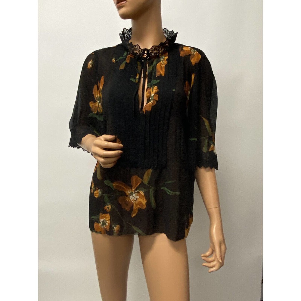 wilfred blouse black floral size Medium pleated lace collared